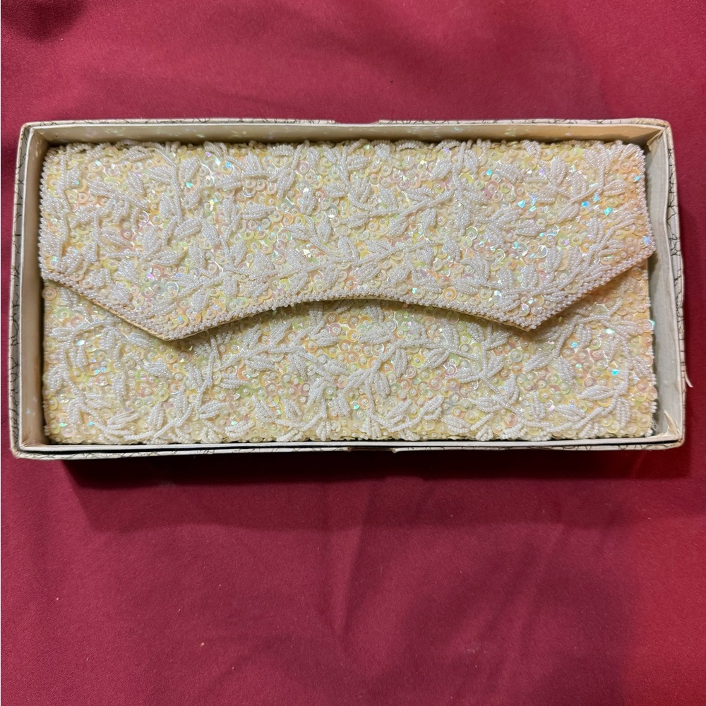 Vintage La Regale Cream Beaded Clutch and Gloves- Original Box